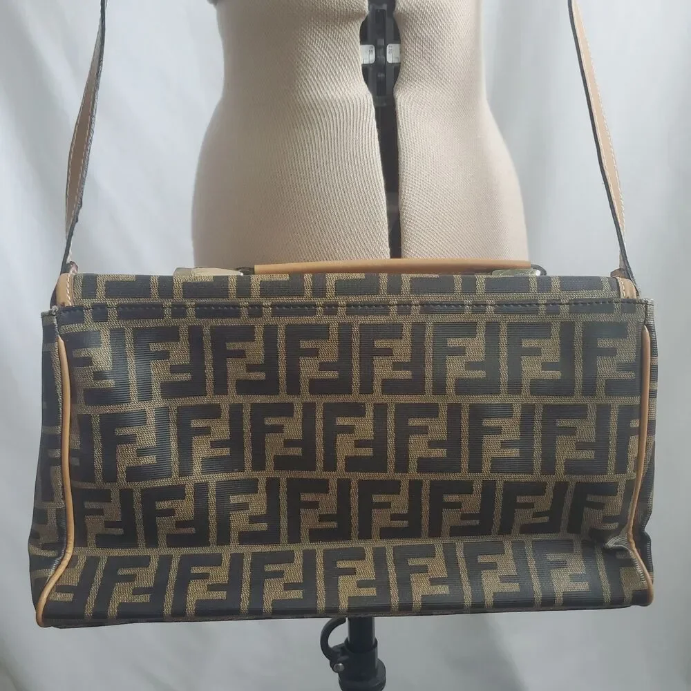 Vintage Fendi Zucca Crossbody Bag Brown FF Monogram Canvas Messenger Italy - Picture 4 of 15